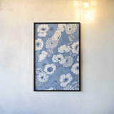 Pen and Ink Flowers on Blue by Wild Apple Portfolio. shown as a paper print in a black flame. Available as a archival giclee rolled canvas, fine art paper, or poster print. SKU 37151h.