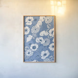 Pen and Ink Flowers on Blue by Wild Apple Portfolio. shown as a paper print in a natural frame. Available as a archival giclee rolled canvas, fine art paper, or poster print. SKU 37151h.