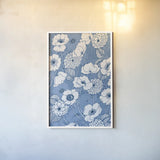 Pen and Ink Flowers on Blue by Wild Apple Portfolio. shown as a paper print in a white frame. Available as a archival giclee rolled canvas, fine art paper, or poster print. SKU 37151h.