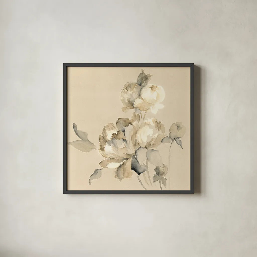 Peony Blossoms Crop by Wild Apple Portfolio. Shown in a sleek black glass frame for a contemporary gallery look. Available as an archival giclee rolled canvas, fine art paper, or poster print. SKU 15598a.