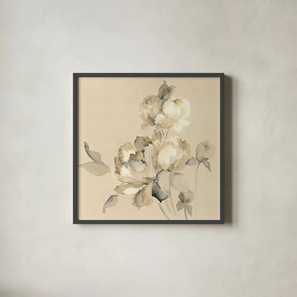 Peony Blossoms Crop by Wild Apple Portfolio. Shown in a sleek black glass frame for a contemporary gallery look. Available as an archival giclee rolled canvas, fine art paper, or poster print. SKU 15598a.