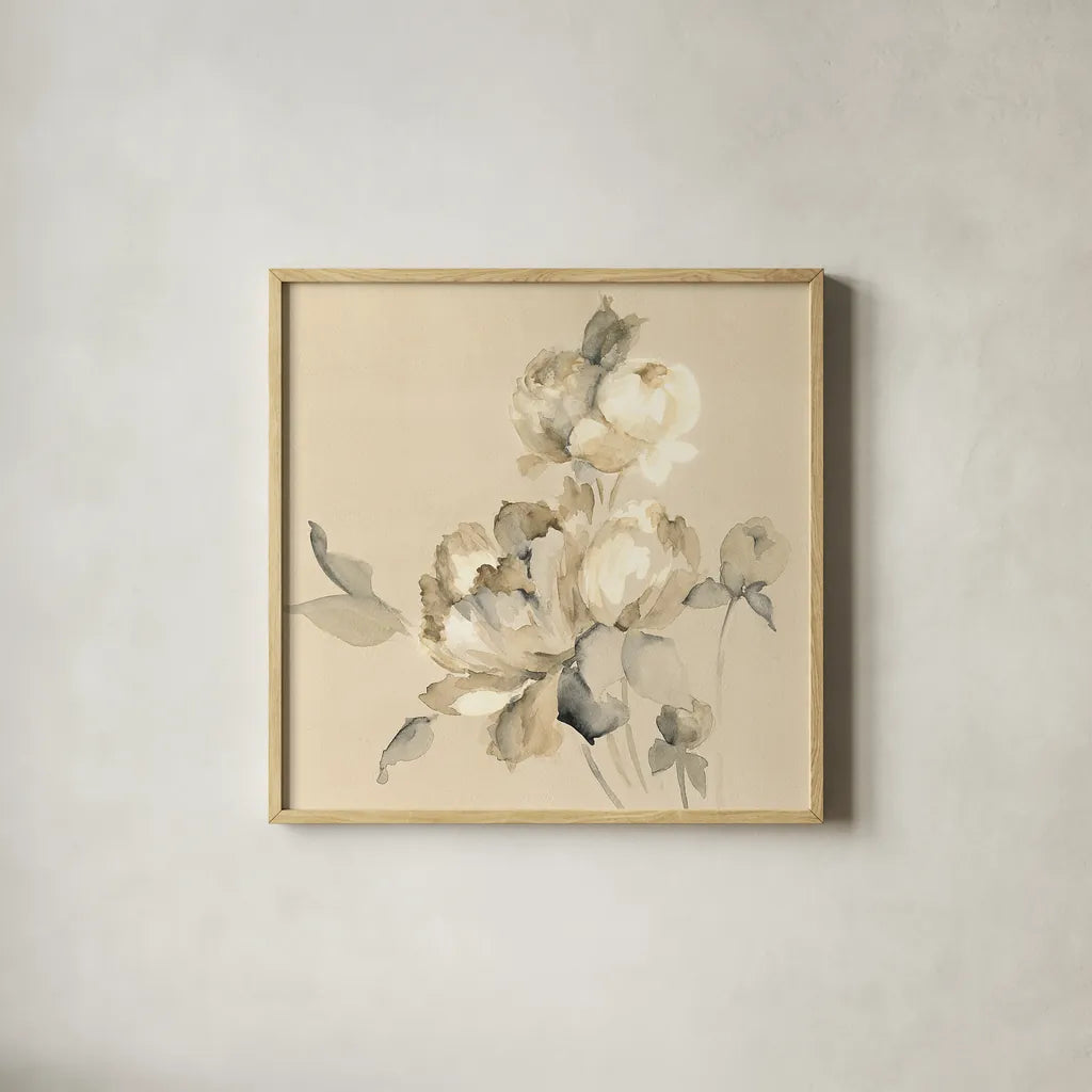 Peony Blossoms Crop by Wild Apple Portfolio. Shown in a natural wood glass frame for a timeless modern aesthetic. Available as an archival giclee rolled canvas, fine art paper, or poster print. SKU 15598a.