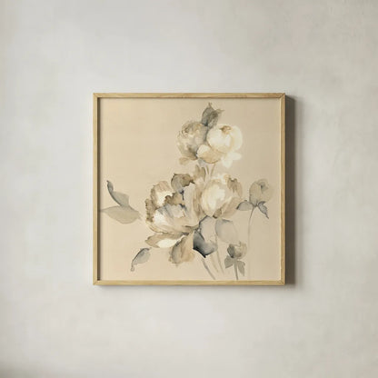 Peony Blossoms Crop by Wild Apple Portfolio. Shown in a natural wood glass frame for a timeless modern aesthetic. Available as an archival giclee rolled canvas, fine art paper, or poster print. SKU 15598a.