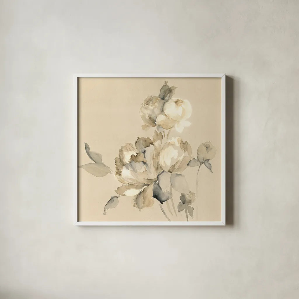 Peony Blossoms Crop by Wild Apple Portfolio. Shown in a crisp white glass frame for a clean and minimalist style. Available as an archival giclee rolled canvas, fine art paper, or poster print. SKU 15598a.