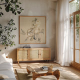 Peony Blossoms Crop by Wild Apple Portfolio. Shown in a natural wood frame in a cozy modern living room. Available as an archival giclee rolled canvas, fine art paper, or poster print. SKU 15598a.