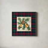 Plaid Christmas Stamp I by Wild Apple Portfolio. Shown in a sleek black glass frame for a contemporary gallery look. Available as an archival giclee rolled canvas, fine art paper, or poster print. SKU 102666a.
