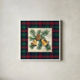 Plaid Christmas Stamp I by Wild Apple Portfolio. Shown in a crisp white glass frame for a clean and minimalist style. Available as an archival giclee rolled canvas, fine art paper, or poster print. SKU 102666a.