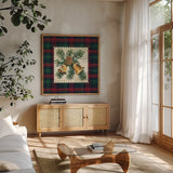 Plaid Christmas Stamp I by Wild Apple Portfolio. Shown in a natural wood frame in a cozy modern living room. Available as an archival giclee rolled canvas, fine art paper, or poster print. SKU 102666a.
