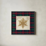 Plaid Christmas Stamp II by Wild Apple Portfolio. Shown in a sleek black glass frame for a contemporary gallery look. Available as an archival giclee rolled canvas, fine art paper, or poster print. SKU 102667a.