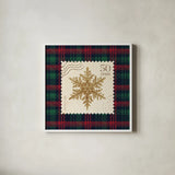 Plaid Christmas Stamp II by Wild Apple Portfolio. Shown in a crisp white glass frame for a clean and minimalist style. Available as an archival giclee rolled canvas, fine art paper, or poster print. SKU 102667a.