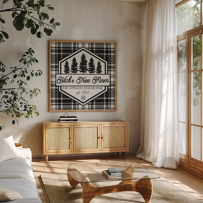 Plaid Holidays I by Wild Apple Portfolio. Shown in a natural wood frame in a cozy modern living room. Available as an archival giclee rolled canvas, fine art paper, or poster print. SKU 60260a.