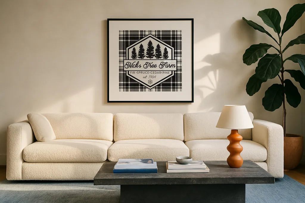 Plaid Holidays I by Wild Apple Portfolio. Displayed in a glass frame with matte in a clean modern living room. Available as an archival giclee rolled canvas, fine art paper, or poster print. SKU 60260a.