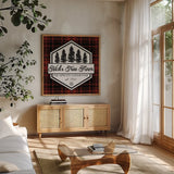 Plaid Holidays I RB by Wild Apple Portfolio. Shown in a natural wood frame in a cozy modern living room. Available as an archival giclee rolled canvas, fine art paper, or poster print. SKU 65278a.