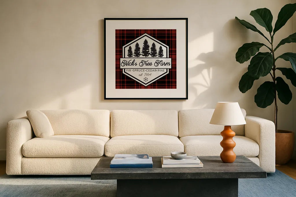 Plaid Holidays I RB by Wild Apple Portfolio. Displayed in a glass frame with matte in a clean modern living room. Available as an archival giclee rolled canvas, fine art paper, or poster print. SKU 65278a.