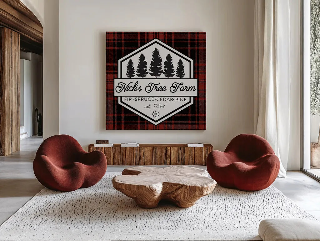 Plaid Holidays I RB by Wild Apple Portfolio. Shown as extra-large giant wall art in a modern living room. Available as an archival giclee rolled canvas, fine art paper, or poster print. SKU 65278a.