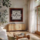 Plaid Holidays III RB by Wild Apple Portfolio. Shown in a natural wood frame in a cozy modern living room. Available as an archival giclee rolled canvas, fine art paper, or poster print. SKU 65279a.