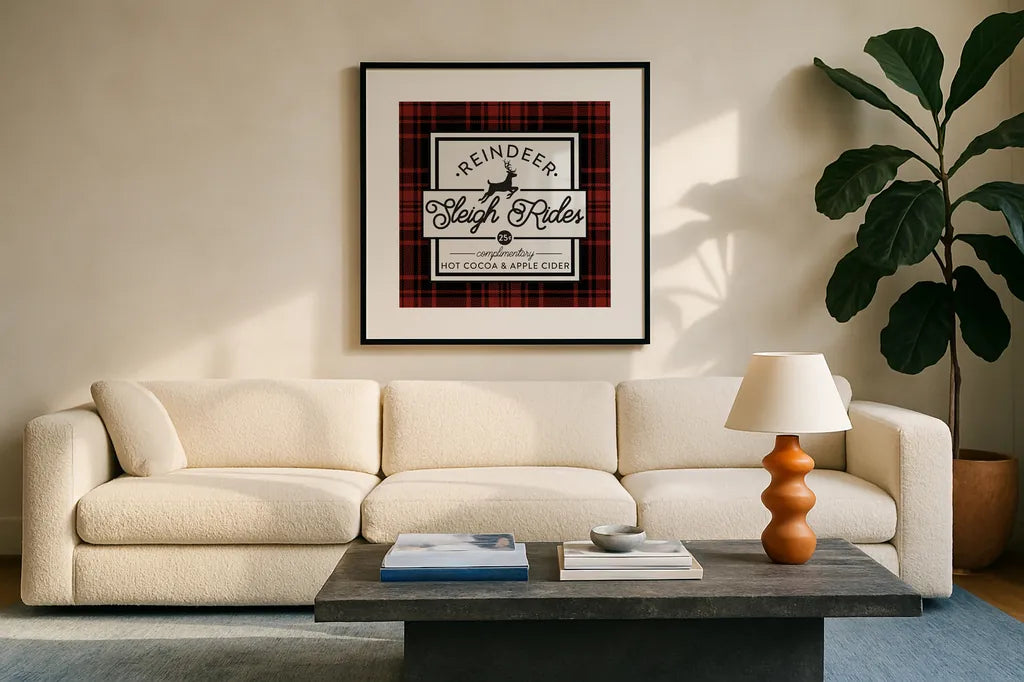 Plaid Holidays III RB by Wild Apple Portfolio. Displayed in a glass frame with matte in a clean modern living room. Available as an archival giclee rolled canvas, fine art paper, or poster print. SKU 65279a.