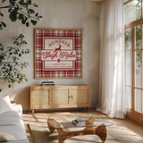 Plaid Holidays III Red by Wild Apple Portfolio. Shown in a natural wood frame in a cozy modern living room. Available as an archival giclee rolled canvas, fine art paper, or poster print. SKU 64770a.