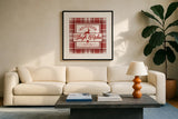 Plaid Holidays III Red by Wild Apple Portfolio. Displayed in a glass frame with matte in a clean modern living room. Available as an archival giclee rolled canvas, fine art paper, or poster print. SKU 64770a.