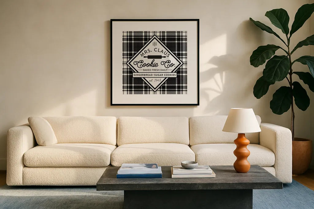 Plaid Holidays IV by Wild Apple Portfolio. Displayed in a glass frame with matte in a clean modern living room. Available as an archival giclee rolled canvas, fine art paper, or poster print. SKU 62152a.