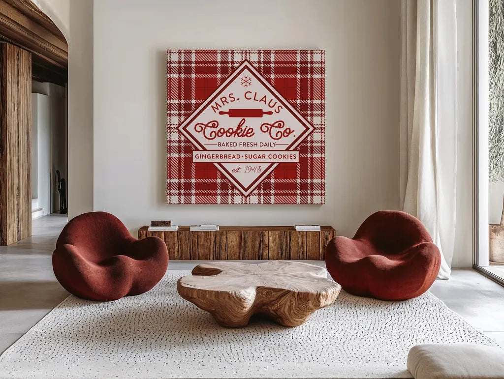 Plaid Holidays IV Red by Wild Apple Portfolio. Shown as extra-large giant wall art in a modern living room. Available as an archival giclee rolled canvas, fine art paper, or poster print. SKU 64771a.