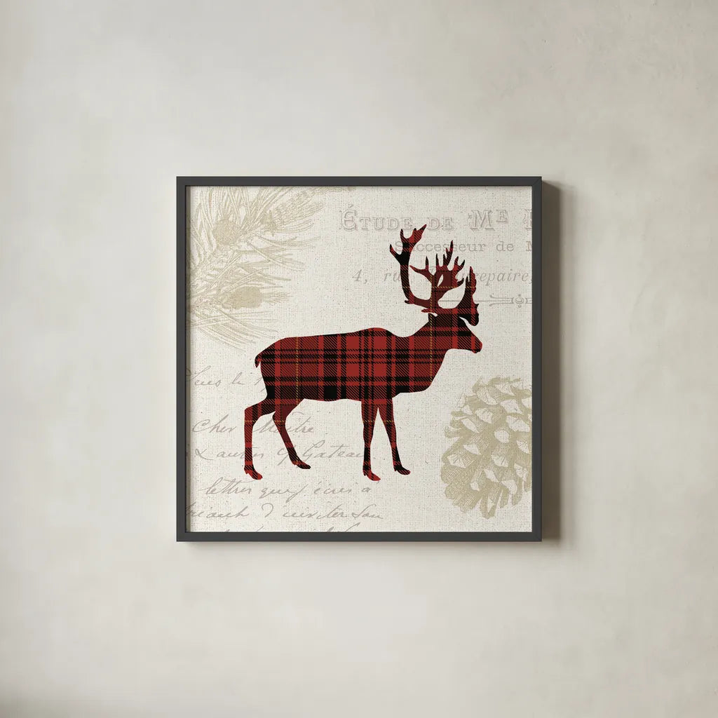 Plaid Lodge I by Wild Apple Portfolio. Shown in a sleek black glass frame for a contemporary gallery look. Available as an archival giclee rolled canvas, fine art paper, or poster print. SKU 33686a.