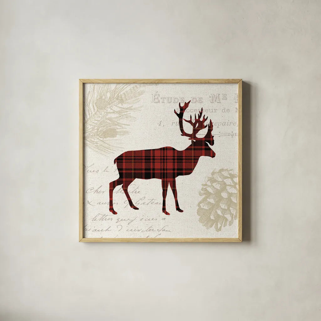 Plaid Lodge I by Wild Apple Portfolio. Shown in a natural wood glass frame for a timeless modern aesthetic. Available as an archival giclee rolled canvas, fine art paper, or poster print. SKU 33686a.