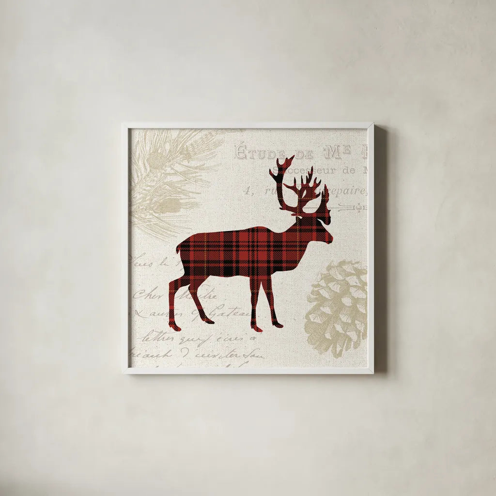 Plaid Lodge I by Wild Apple Portfolio. Shown in a crisp white glass frame for a clean and minimalist style. Available as an archival giclee rolled canvas, fine art paper, or poster print. SKU 33686a.