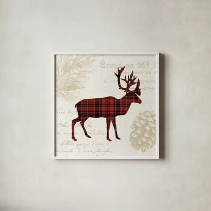 Plaid Lodge I by Wild Apple Portfolio. Shown in a crisp white glass frame for a clean and minimalist style. Available as an archival giclee rolled canvas, fine art paper, or poster print. SKU 33686a.