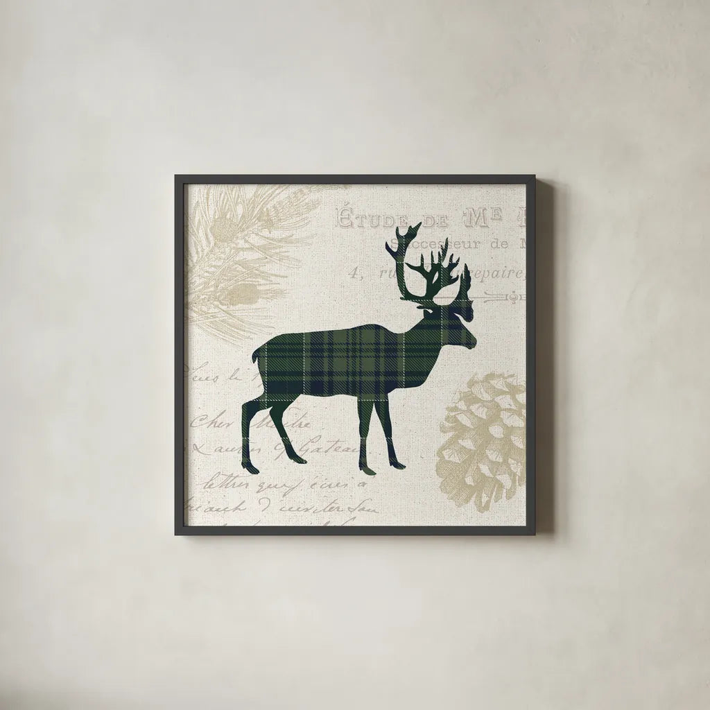 Plaid Lodge I Navy Green by Wild Apple Portfolio. Shown in a sleek black glass frame for a contemporary gallery look. Available as an archival giclee rolled canvas, fine art paper, or poster print. SKU 59707a.