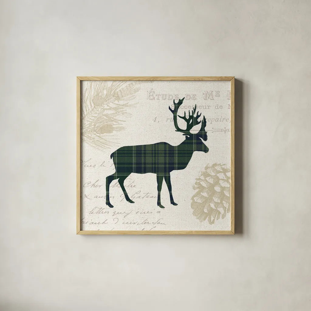 Plaid Lodge I Navy Green by Wild Apple Portfolio. Shown in a natural wood glass frame for a timeless modern aesthetic. Available as an archival giclee rolled canvas, fine art paper, or poster print. SKU 59707a.