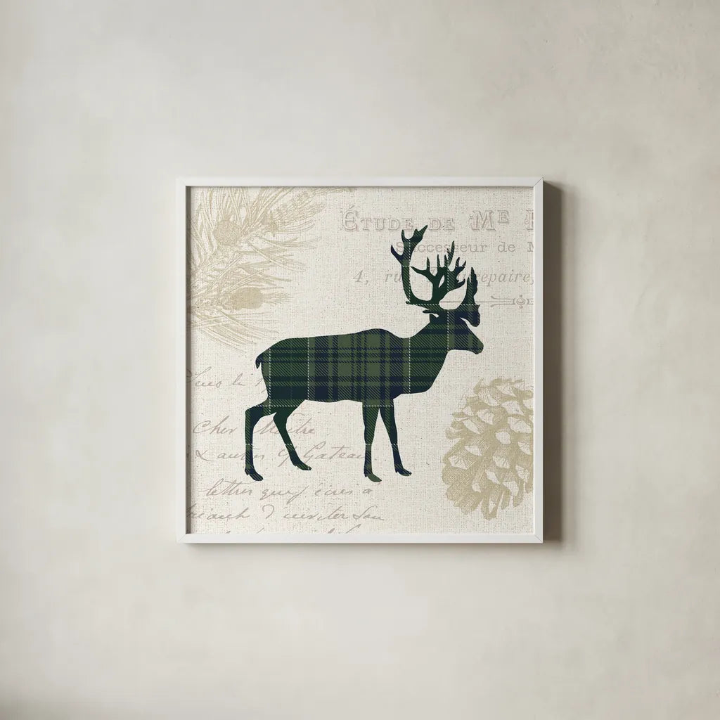 Plaid Lodge I Navy Green by Wild Apple Portfolio. Shown in a crisp white glass frame for a clean and minimalist style. Available as an archival giclee rolled canvas, fine art paper, or poster print. SKU 59707a.