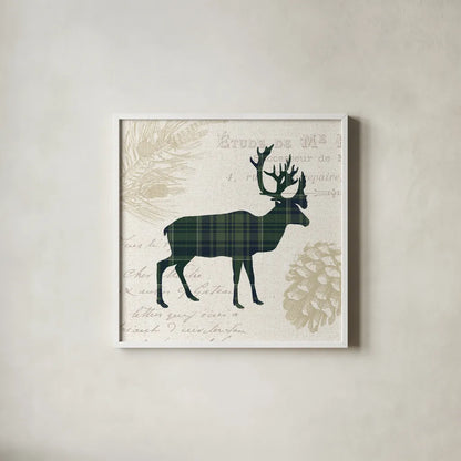Plaid Lodge I Navy Green by Wild Apple Portfolio. Shown in a crisp white glass frame for a clean and minimalist style. Available as an archival giclee rolled canvas, fine art paper, or poster print. SKU 59707a.