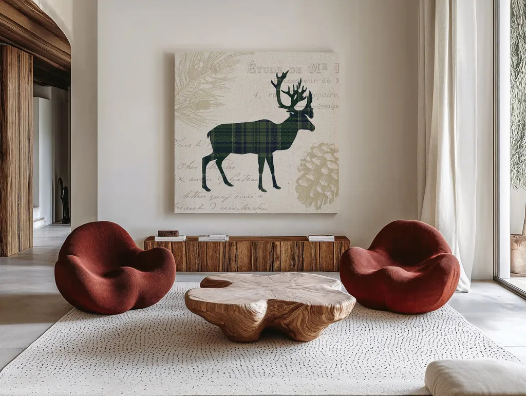 Plaid Lodge I Navy Green by Wild Apple Portfolio. Shown as extra-large giant wall art in a modern living room. Available as an archival giclee rolled canvas, fine art paper, or poster print. SKU 59707a.