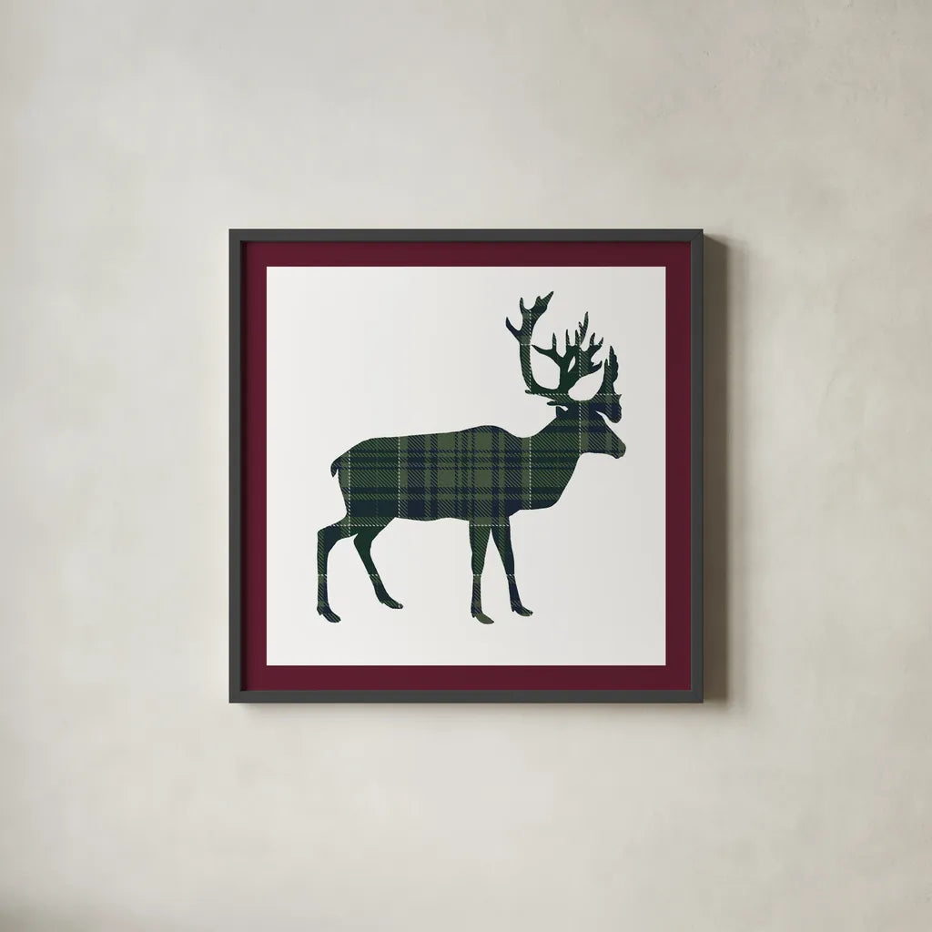 Plaid Lodge I Navy Green by Wild Apple Portfolio. Shown in a sleek black glass frame for a contemporary gallery look. Available as an archival giclee rolled canvas, fine art paper, or poster print. SKU 65486a.