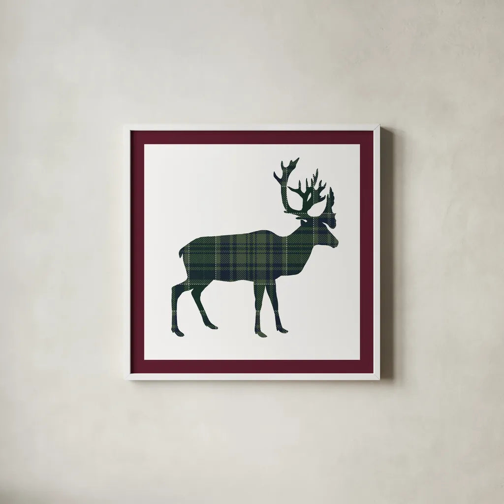 Plaid Lodge I Navy Green by Wild Apple Portfolio. Shown in a crisp white glass frame for a clean and minimalist style. Available as an archival giclee rolled canvas, fine art paper, or poster print. SKU 65486a.