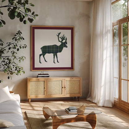 Plaid Lodge I Navy Green by Wild Apple Portfolio. Shown in a natural wood frame in a cozy modern living room. Available as an archival giclee rolled canvas, fine art paper, or poster print. SKU 65486a.