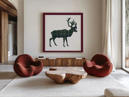 Plaid Lodge I Navy Green by Wild Apple Portfolio. Shown as extra-large giant wall art in a modern living room. Available as an archival giclee rolled canvas, fine art paper, or poster print. SKU 65486a.