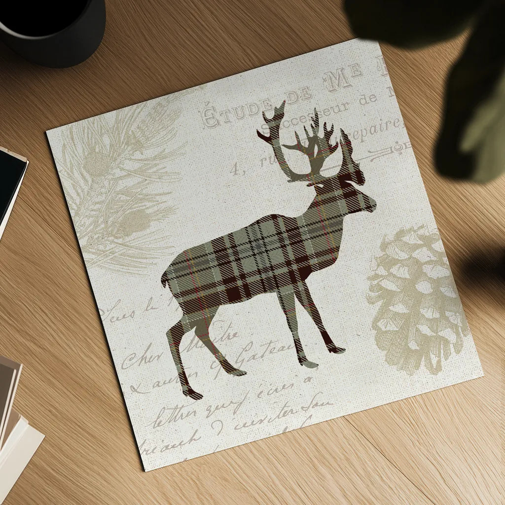 Plaid Lodge I Tan by Wild Apple Portfolio. Shown as a detailed flat fine art print, highlighting archival giclee quality. Available as an archival giclee rolled canvas, fine art paper, or poster print. SKU 33690a.