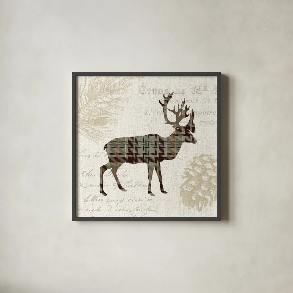 Plaid Lodge I Tan by Wild Apple Portfolio. Shown in a sleek black glass frame for a contemporary gallery look. Available as an archival giclee rolled canvas, fine art paper, or poster print. SKU 33690a.