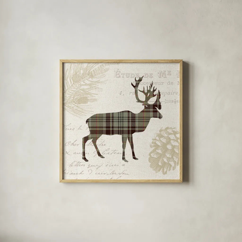 Plaid Lodge I Tan by Wild Apple Portfolio. Shown in a natural wood glass frame for a timeless modern aesthetic. Available as an archival giclee rolled canvas, fine art paper, or poster print. SKU 33690a.