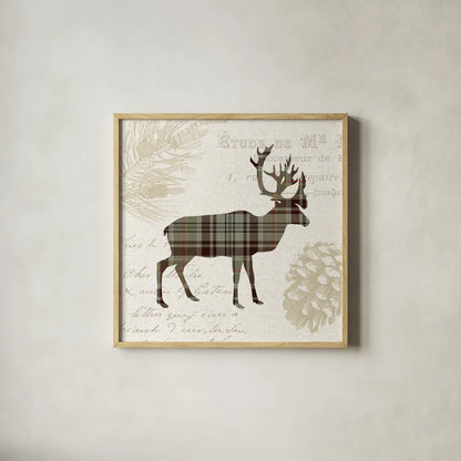 Plaid Lodge I Tan by Wild Apple Portfolio. Shown in a natural wood glass frame for a timeless modern aesthetic. Available as an archival giclee rolled canvas, fine art paper, or poster print. SKU 33690a.