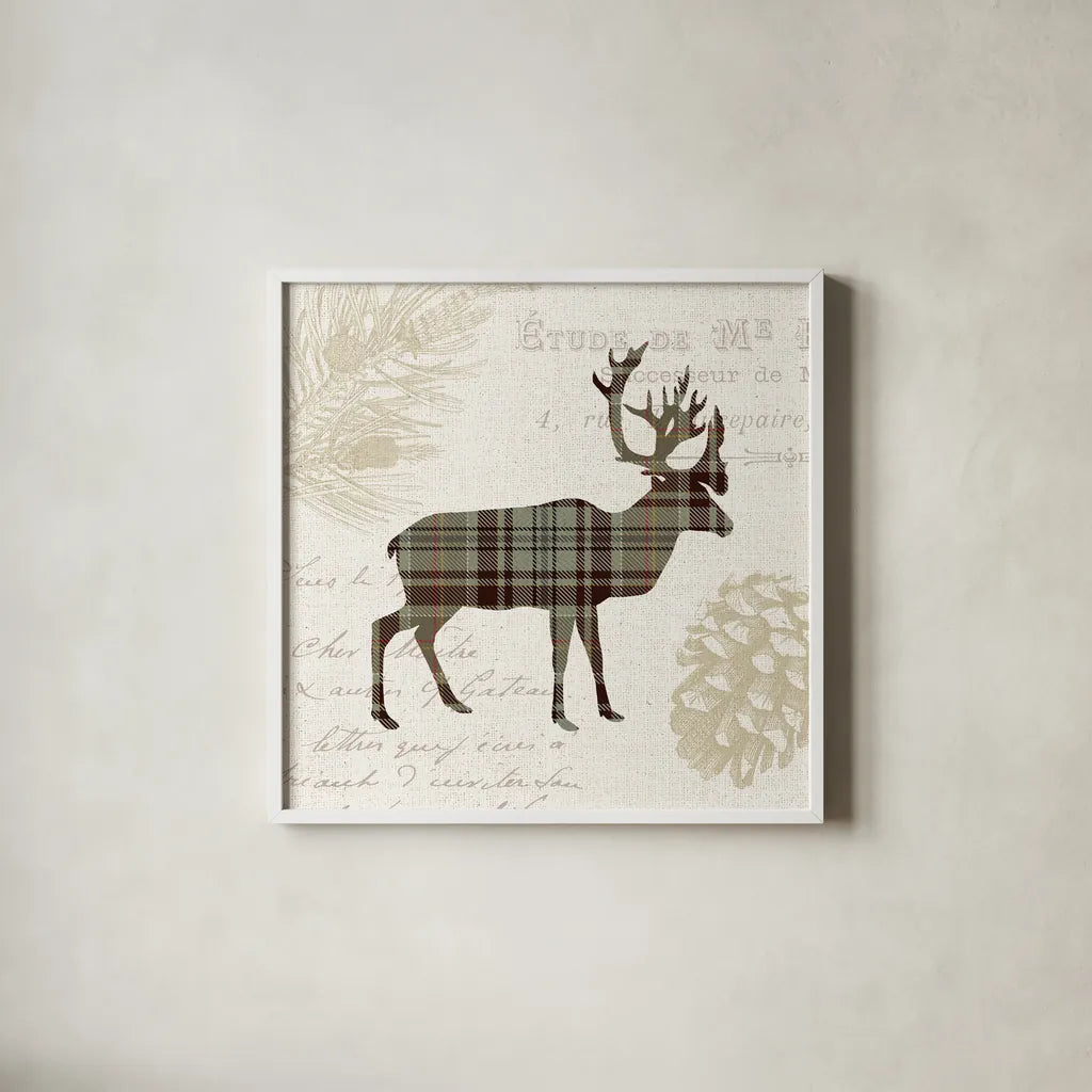 Plaid Lodge I Tan by Wild Apple Portfolio. Shown in a crisp white glass frame for a clean and minimalist style. Available as an archival giclee rolled canvas, fine art paper, or poster print. SKU 33690a.