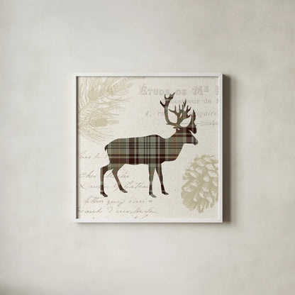 Plaid Lodge I Tan by Wild Apple Portfolio. Shown in a crisp white glass frame for a clean and minimalist style. Available as an archival giclee rolled canvas, fine art paper, or poster print. SKU 33690a.