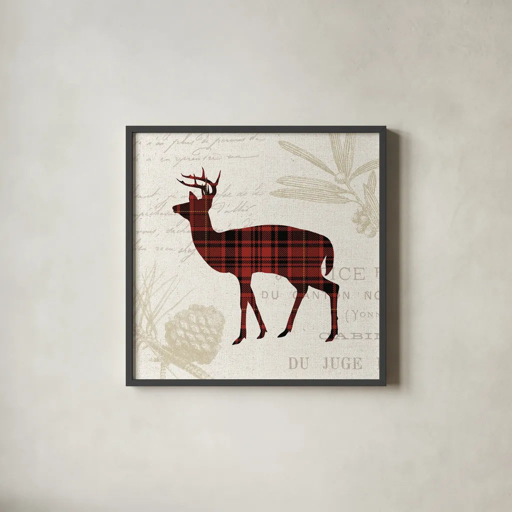 Plaid Lodge II by Wild Apple Portfolio. Shown in a sleek black glass frame for a contemporary gallery look. Available as an archival giclee rolled canvas, fine art paper, or poster print. SKU 33687a.