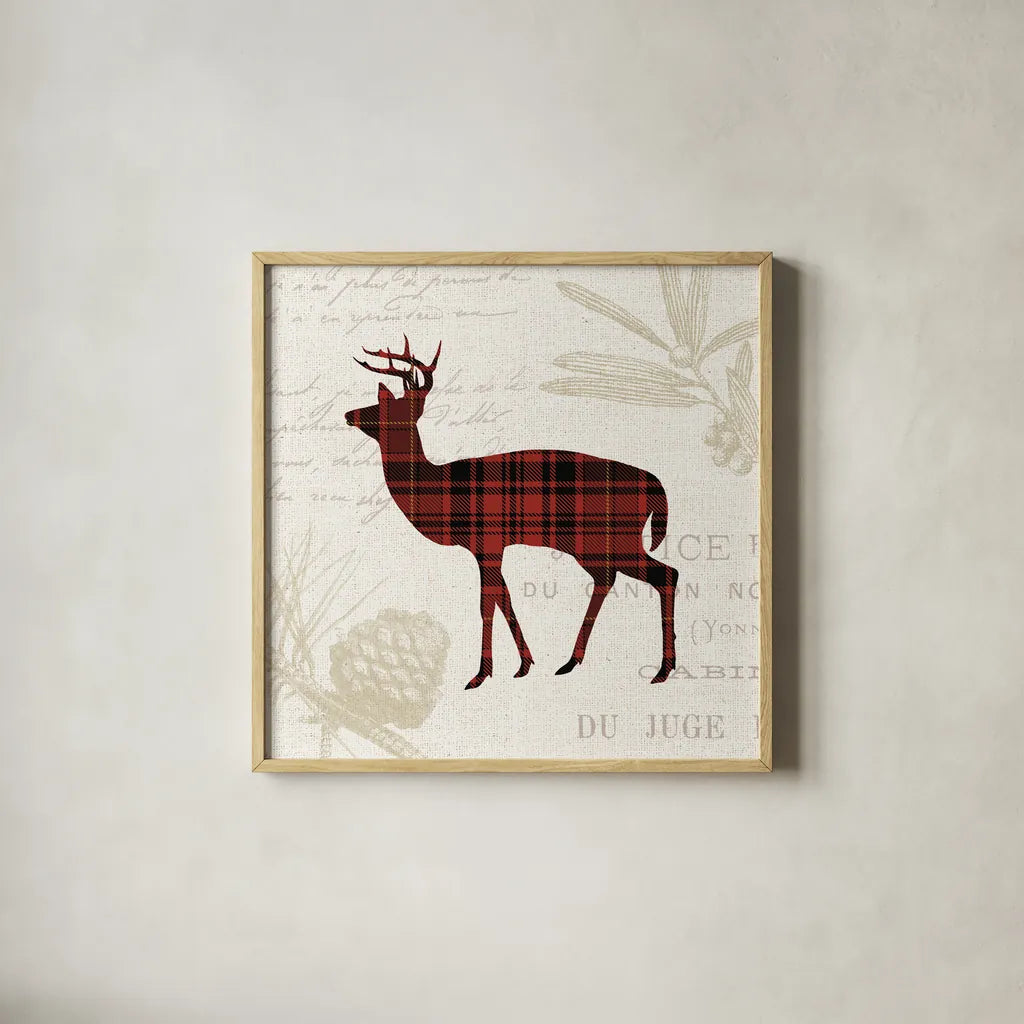 Plaid Lodge II by Wild Apple Portfolio. Shown in a natural wood glass frame for a timeless modern aesthetic. Available as an archival giclee rolled canvas, fine art paper, or poster print. SKU 33687a.