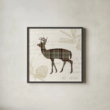 Plaid Lodge II Tan by Wild Apple Portfolio. Shown in a sleek black glass frame for a contemporary gallery look. Available as an archival giclee rolled canvas, fine art paper, or poster print. SKU 33691a.