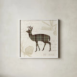 Plaid Lodge II Tan by Wild Apple Portfolio. Shown in a crisp white glass frame for a clean and minimalist style. Available as an archival giclee rolled canvas, fine art paper, or poster print. SKU 33691a.