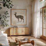 Plaid Lodge II Tan by Wild Apple Portfolio. Shown in a natural wood frame in a cozy modern living room. Available as an archival giclee rolled canvas, fine art paper, or poster print. SKU 33691a.
