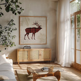 Plaid Lodge III by Wild Apple Portfolio. Shown in a natural wood frame in a cozy modern living room. Available as an archival giclee rolled canvas, fine art paper, or poster print. SKU 33688a.